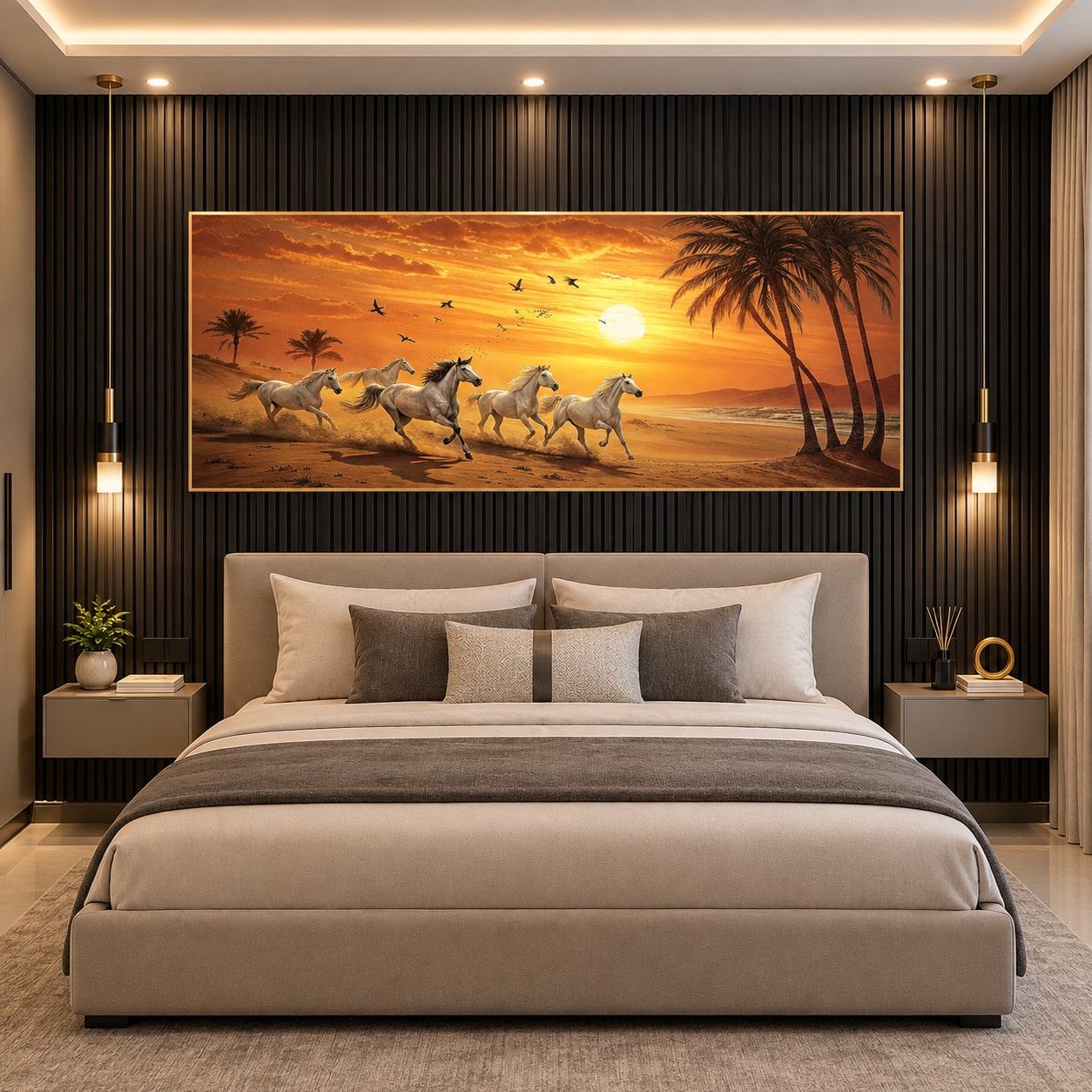 Glora Sheet GS02AA001 Seven Running Horses applied on luxury Living Room Feature Wall
