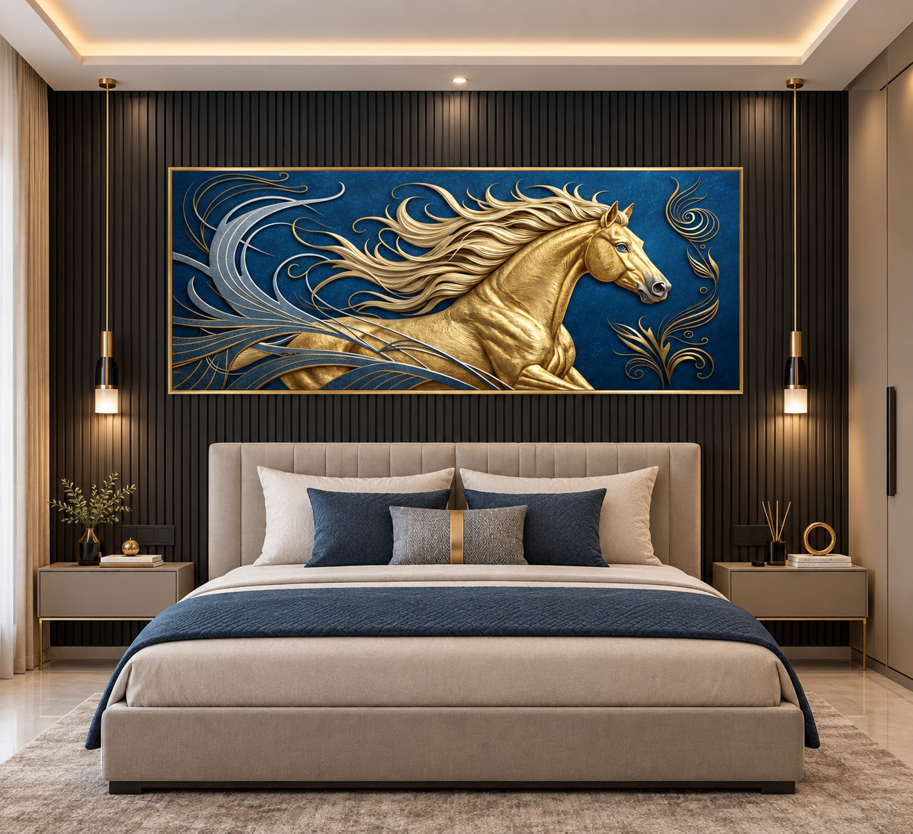 Glora Sheet GS02AA002 Golden Stallion applied in Luxury Master Bedroom Accent Wall