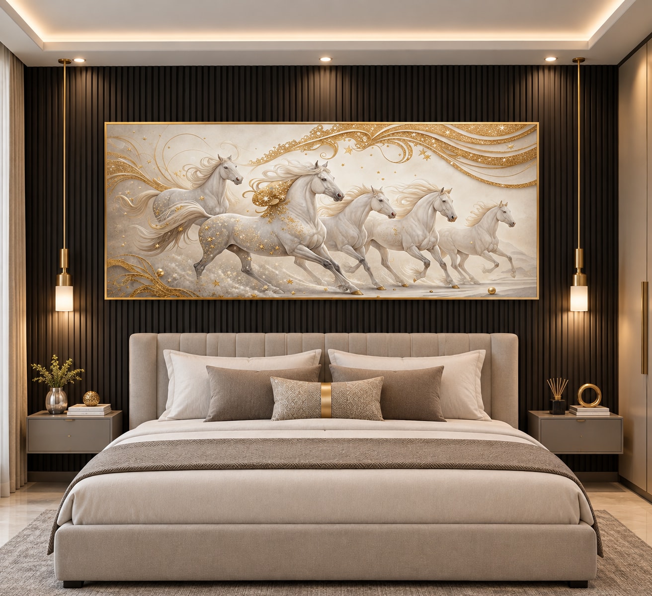 Glora Sheet GS02AA003 Celestial White Horses installed on Modern Living Room TV Wall