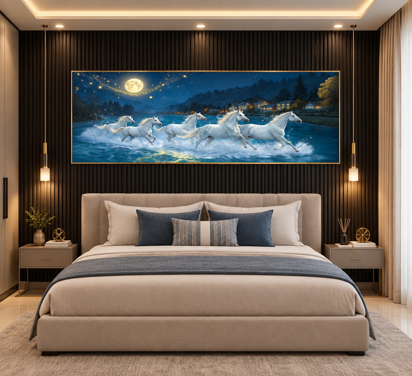 Glora Sheet GS02AA005 Moonlit River Horses installed in Luxury Bedroom Feature Wall