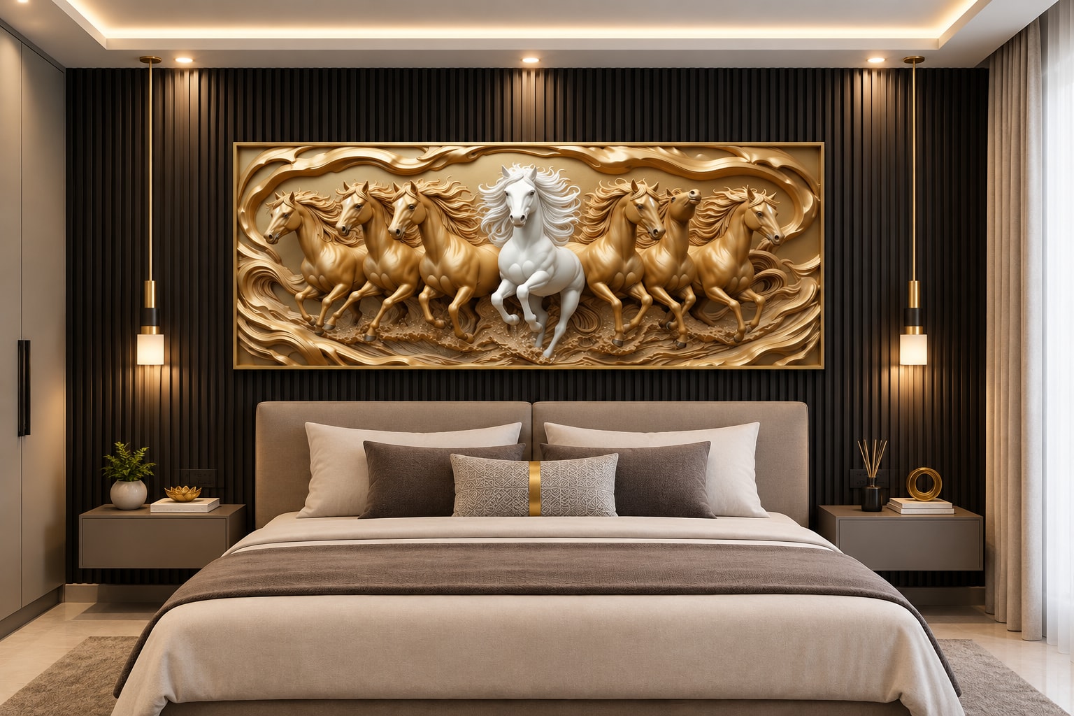 Glora Sheet GS02AA007 3D Relief 7 Running Horses installed in Luxury Living Room Accent Wall