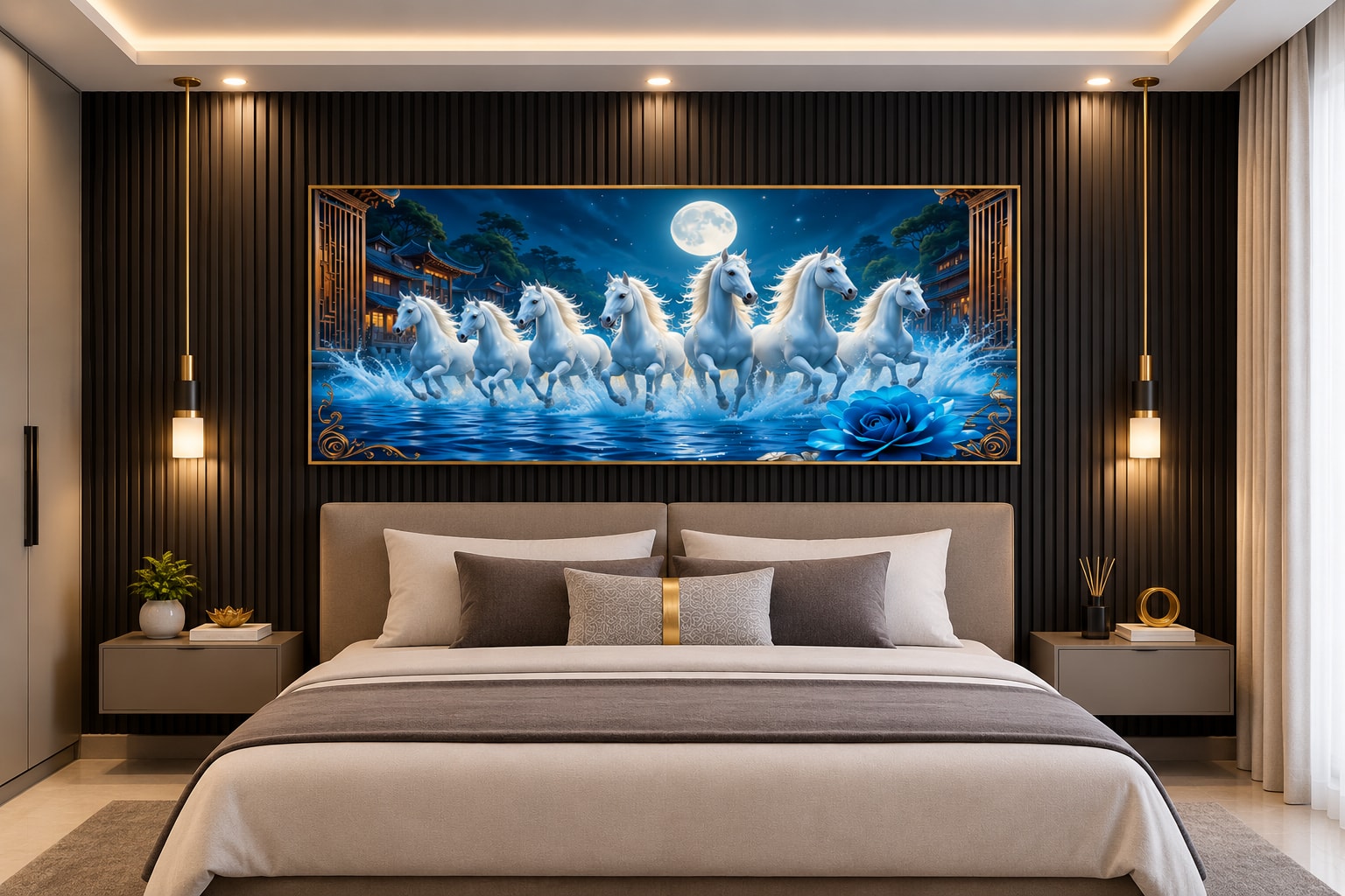 Glora Sheet GS02AA008 Celestial Horses applied on Modern Drawing Room Feature Wall