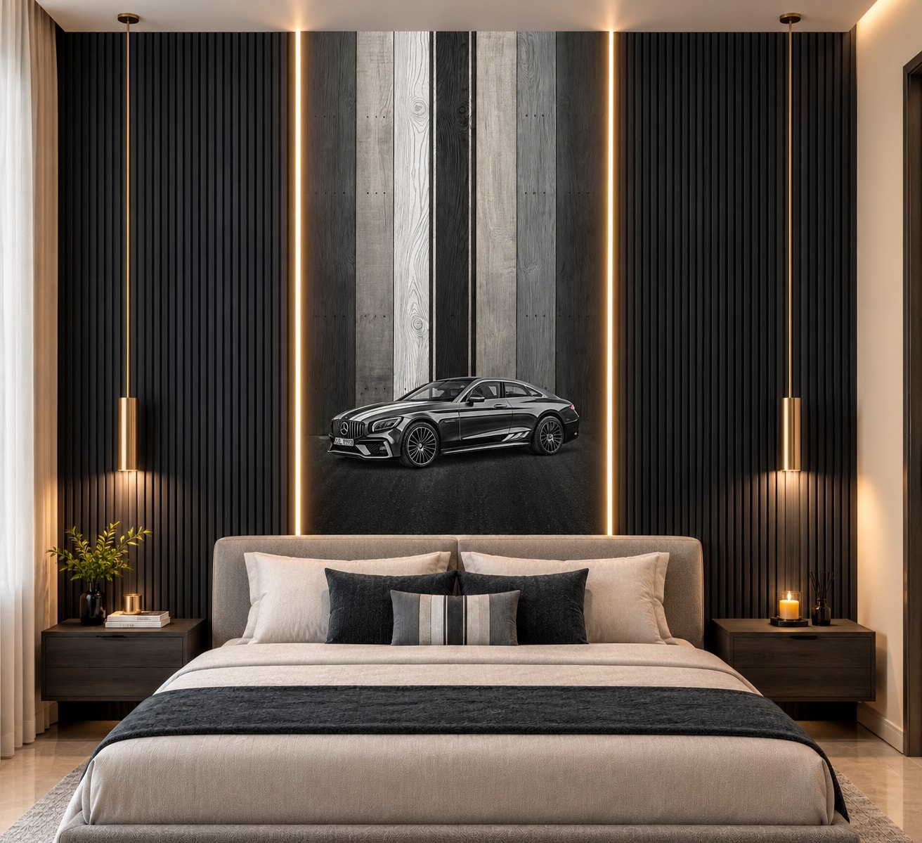 Glora Sheet GS09DD004 Supercar Luxury Veneer installed in Automotive Lounge Feature Wall