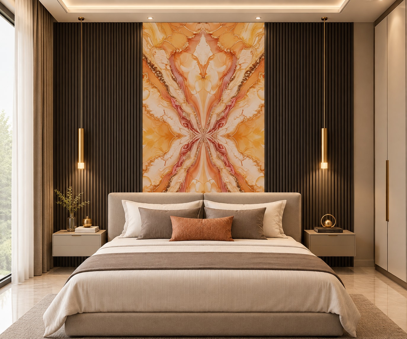 Glora Sheet GS01AA002 rose agate four quadrant bookmatch marble panel with coral veining and gold glitter