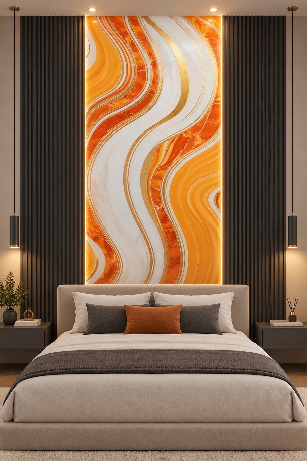 Glora Sheet GS01AA007 amber gold ribbon fluid S-curve marble panel with tangerine bands and gold foil inlays