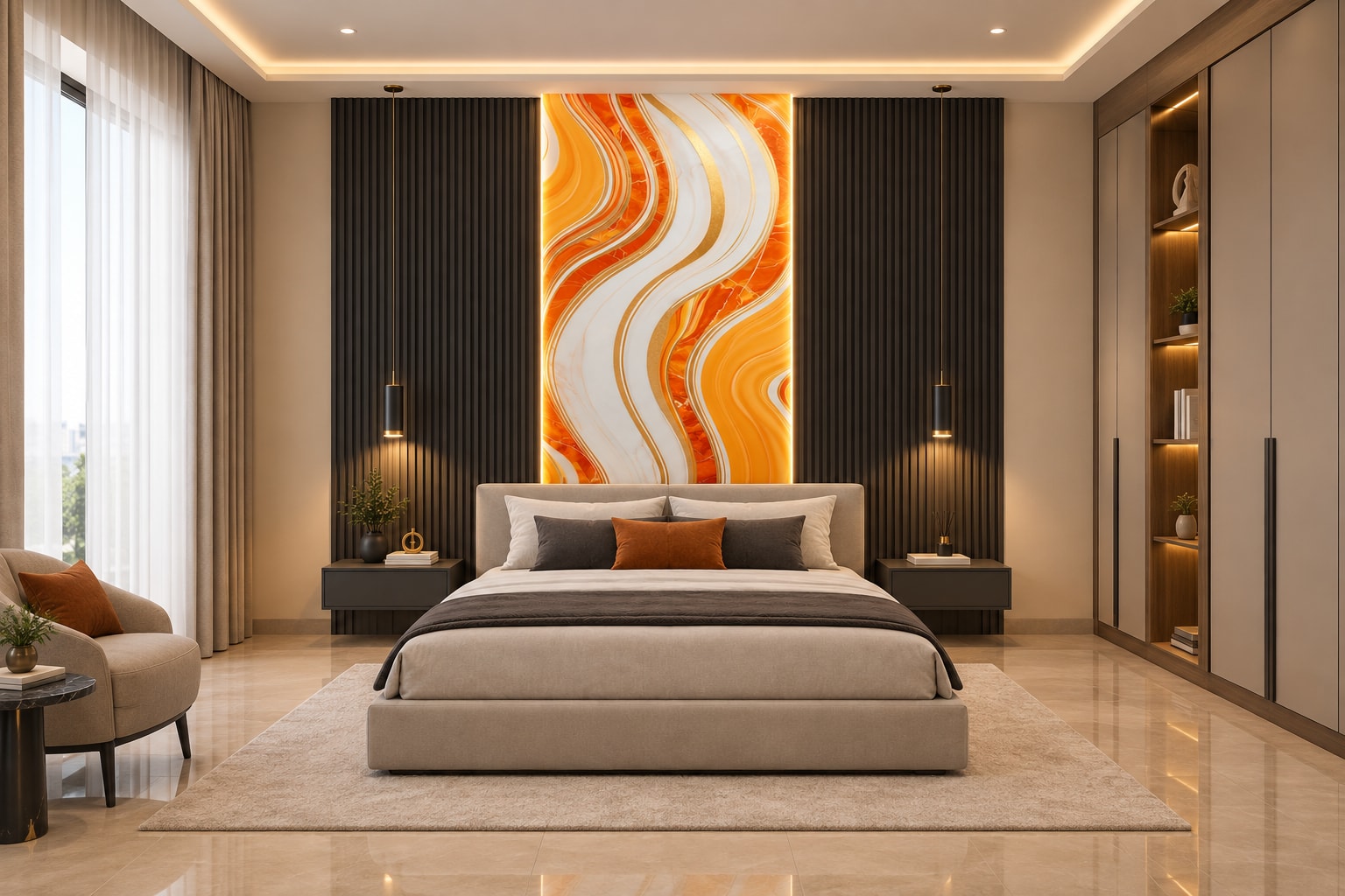 Glora Sheet GS01AA007 amber gold ribbon fluid S-curve marble panel with tangerine bands and gold foil inlays