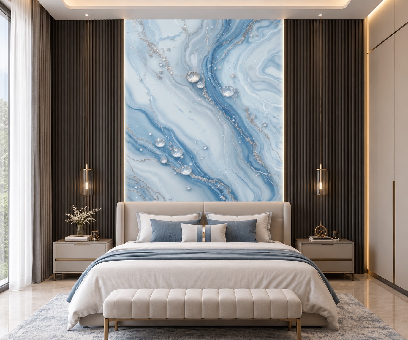 Glora Sheet GS01AA008 celestial blue agate marble panel with silver mica veins and floating crystal bubbles