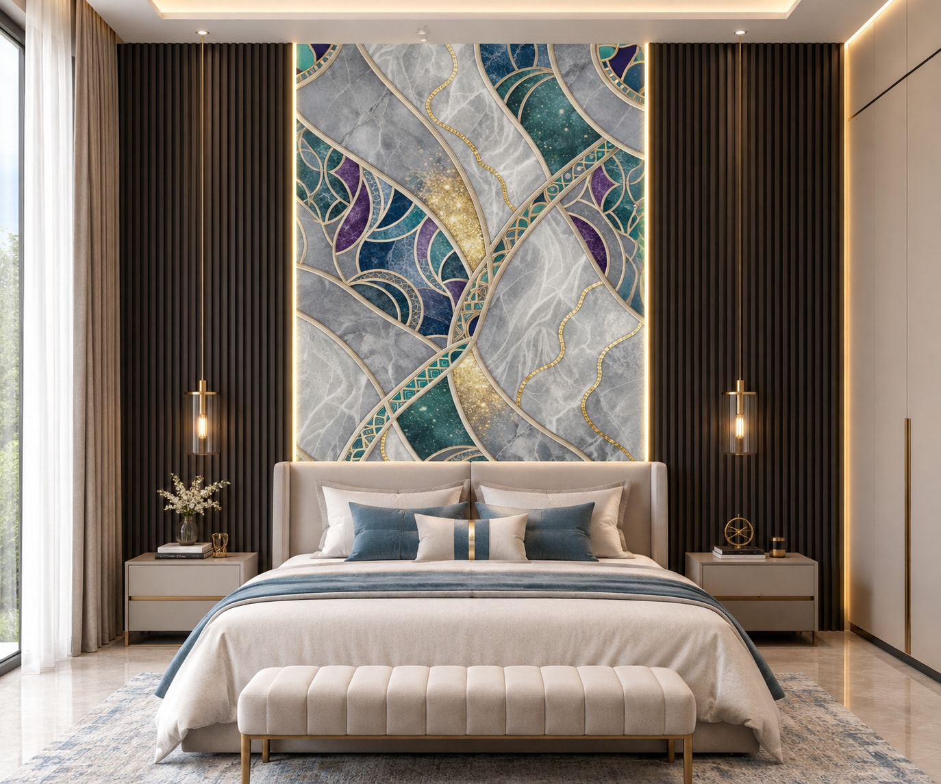 Glora Sheet GS01BB001 Art Deco grey Fior di Bosco marble panel with malachite amethyst inlays and brass ribbons