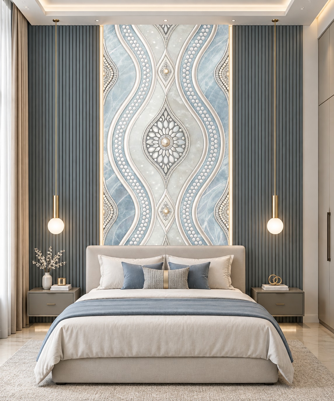 Glora Sheet GS01BB004 Rococo sky blue Carrara marble panel with embossed pearl bead strands and central rosette medallion