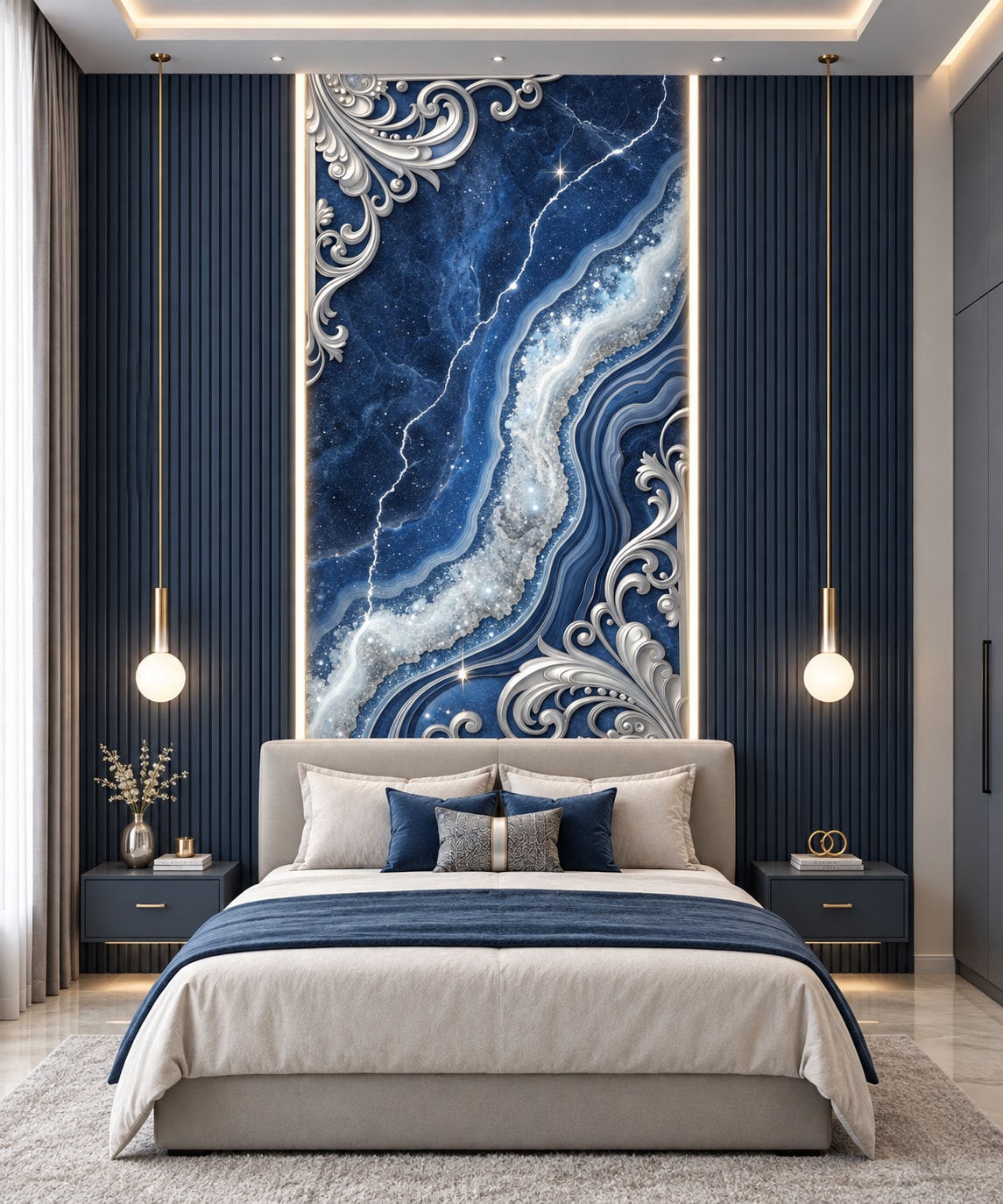 Glora Sheet GS01BB005 sapphire blue lapis lazuli marble panel with crystalline geode river and silver baroque acanthus corners