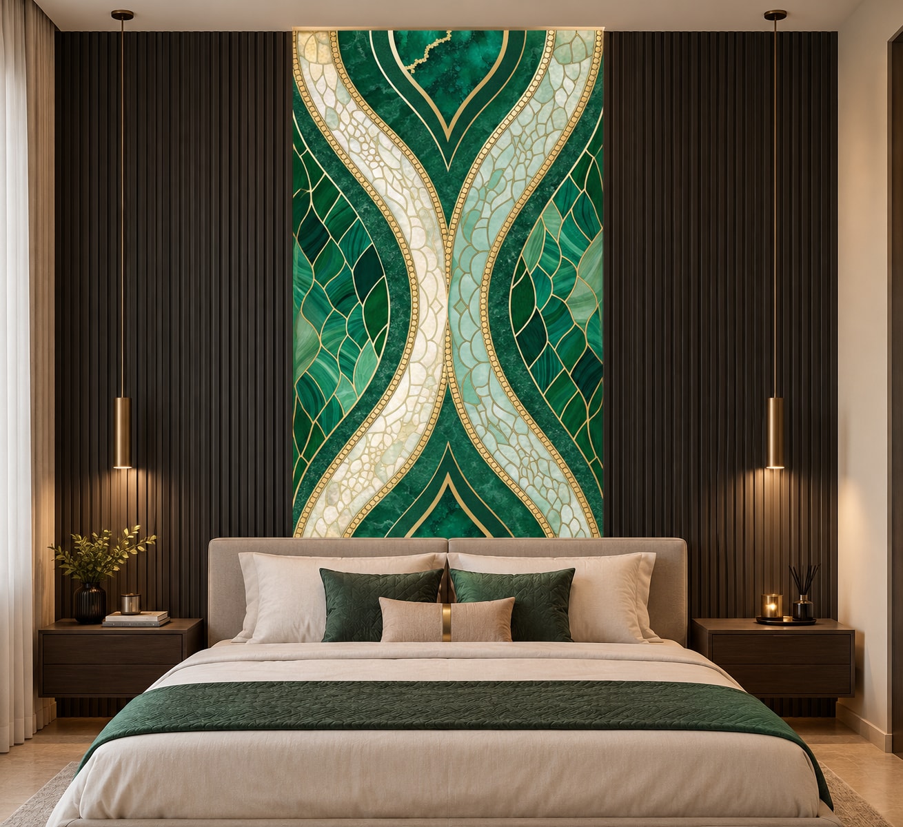 Glora Sheet GS01BB009 emerald malachite marble panel with stained glass dragonfly wing tessellation and gold ribbing
