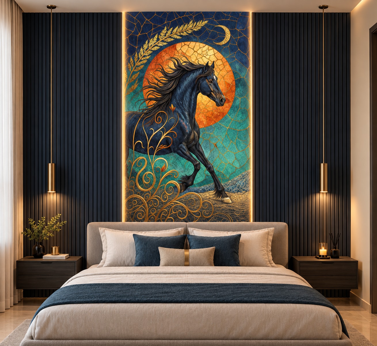Glora Sheet GS01CC001 galloping black stallion horse panel with golden kintsugi sun medallion and teal cracked mosaic