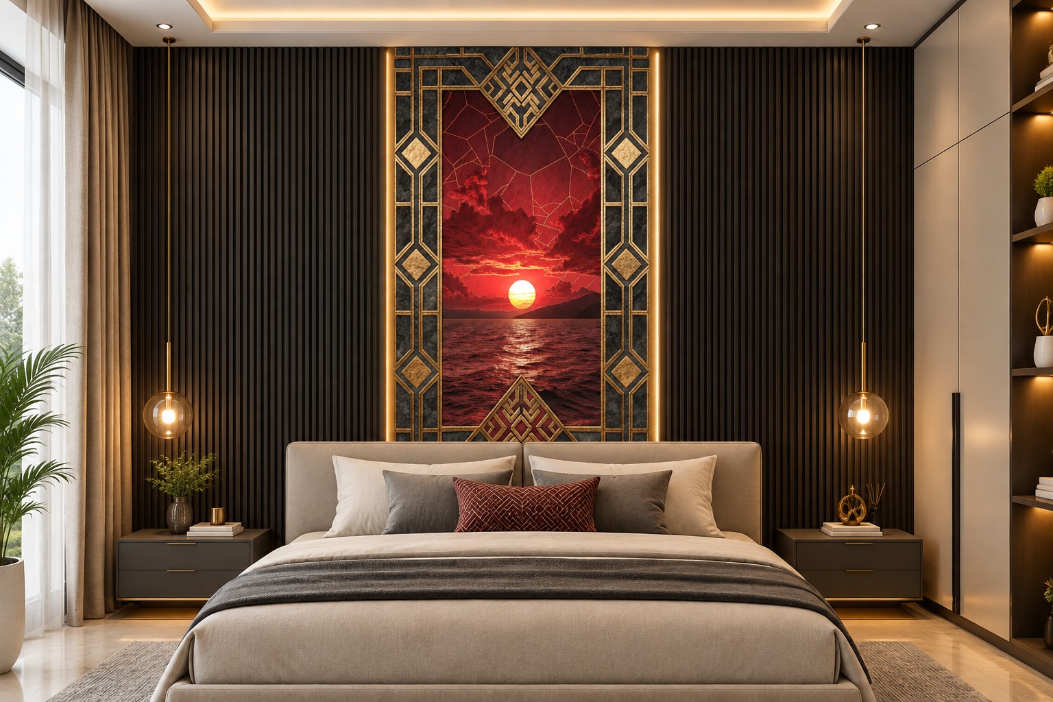 Glora Sheet GS01CC002 red ocean sunset seascape viewed through black granite and bronze diamond lattice portal