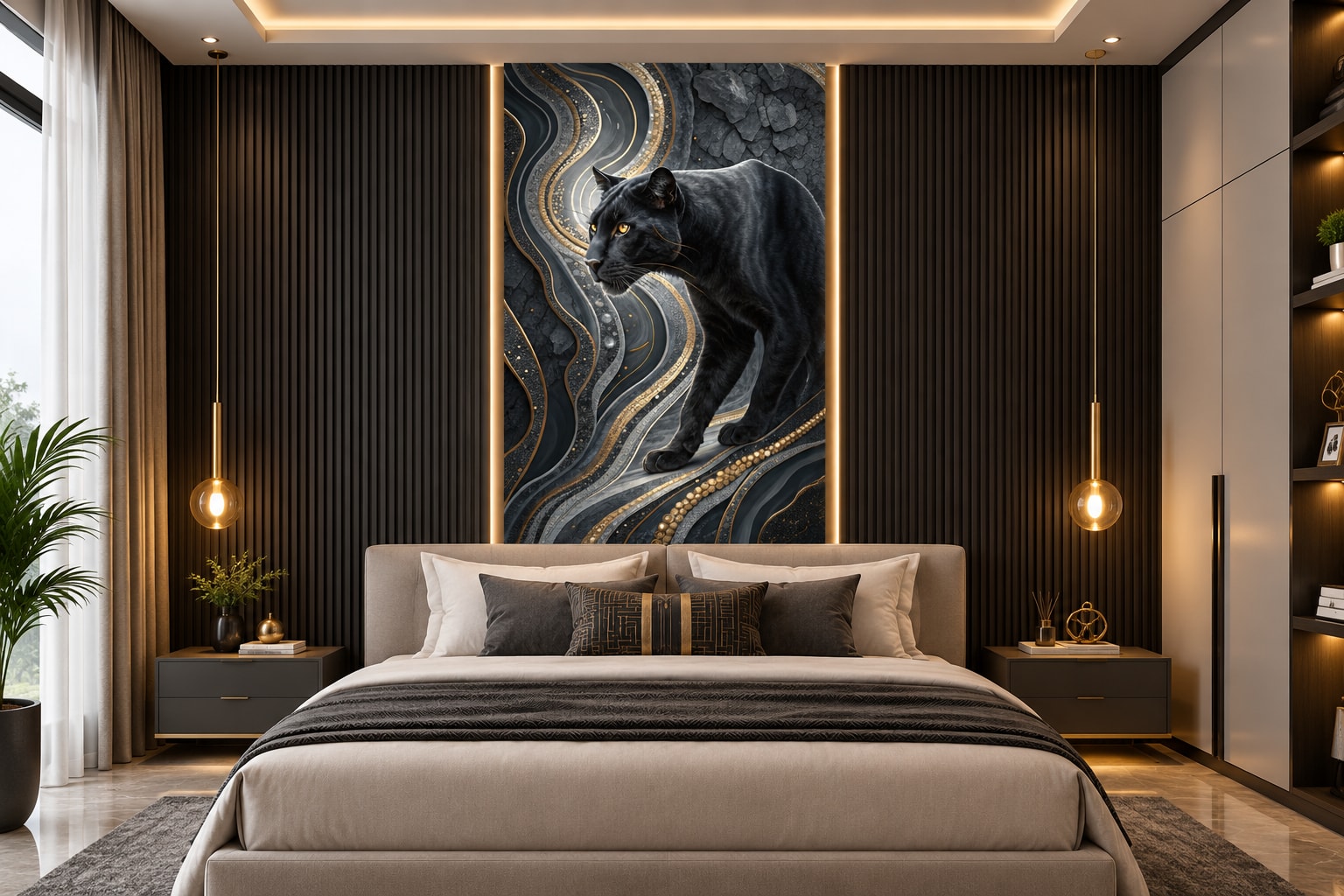 Glora Sheet GS01CC003 black panther stalking across Nero Marquina marble with molten gold agate rivers and slate cliff