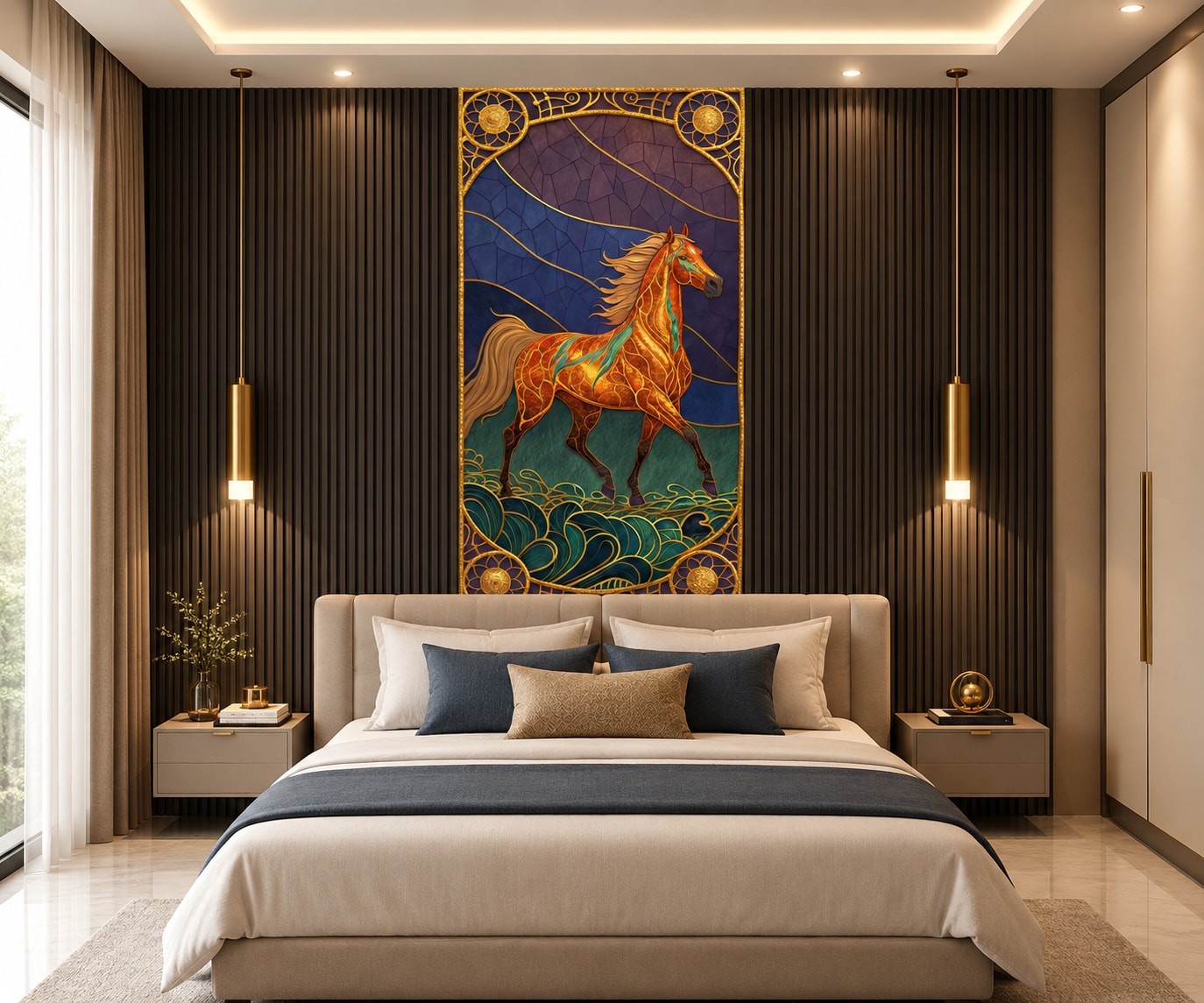 Glora Sheet GS01CC006 golden amber stallion horse running above lapis ocean waves in gold sun wheel frame