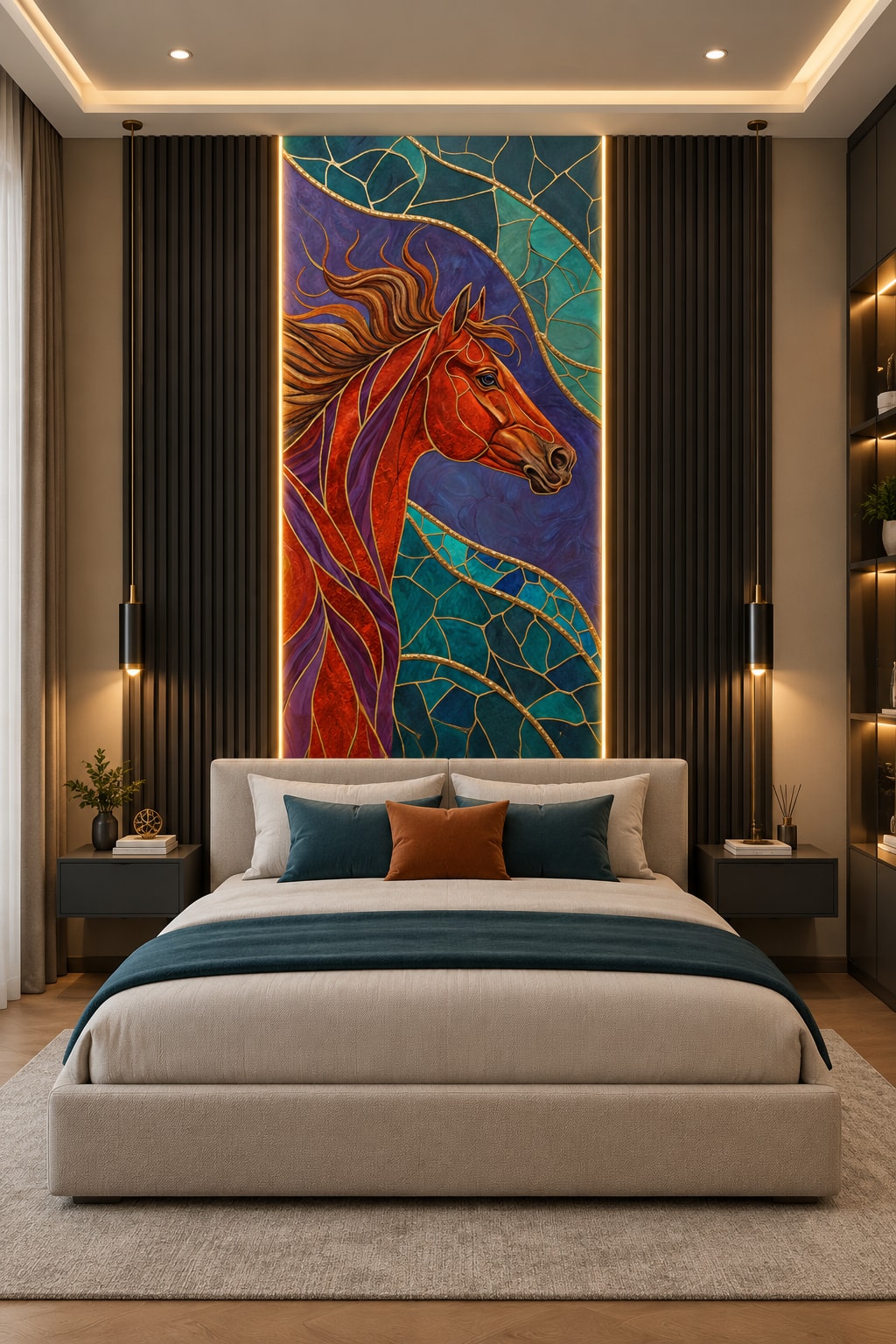 Glora Sheet GS01CC007 chestnut Arabian horse profile bust with windblown golden mane and teal kintsugi wings