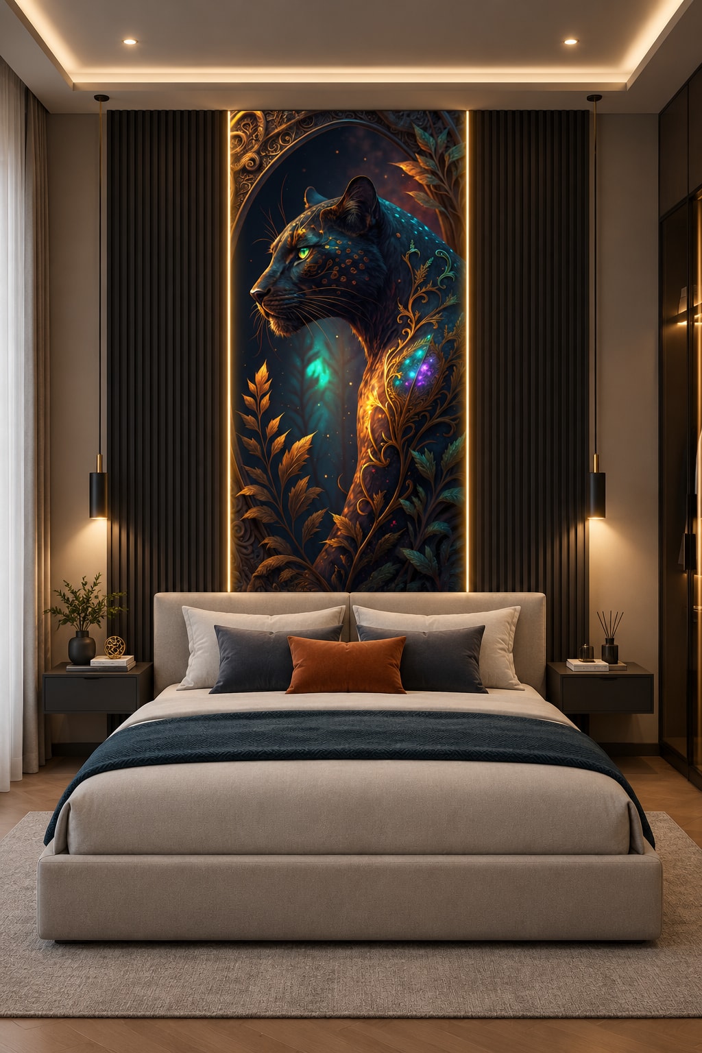 Glora Sheet GS01CC008 black panther bust adorned with baroque golden filigree vines and celestial bioluminescent wing