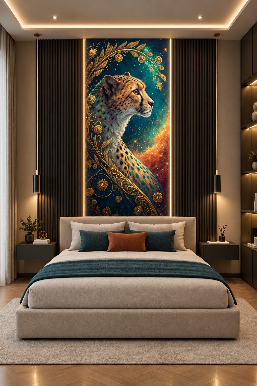 Glora Sheet GS01CC009 African cheetah profile bust framed by golden wheat ears, marigold rosettes, and starry nebula