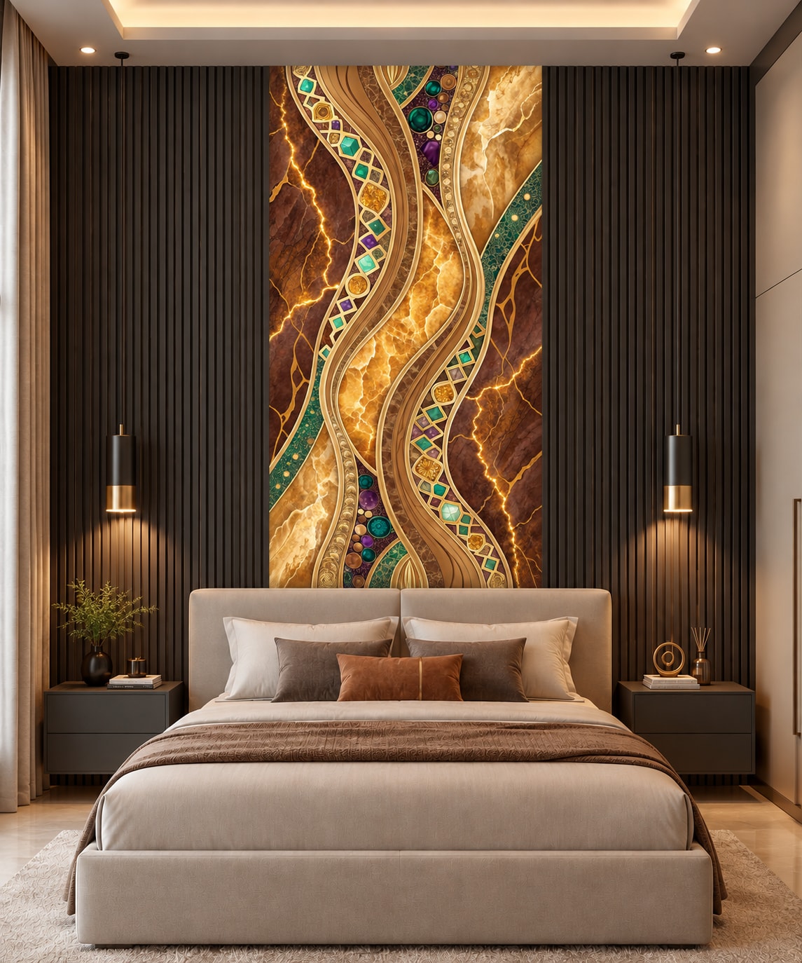 Glora Sheet GS01DD001 Pietra Dura jewel inlay Emperador marble panel with cabochon malachite and amethyst gemstones
