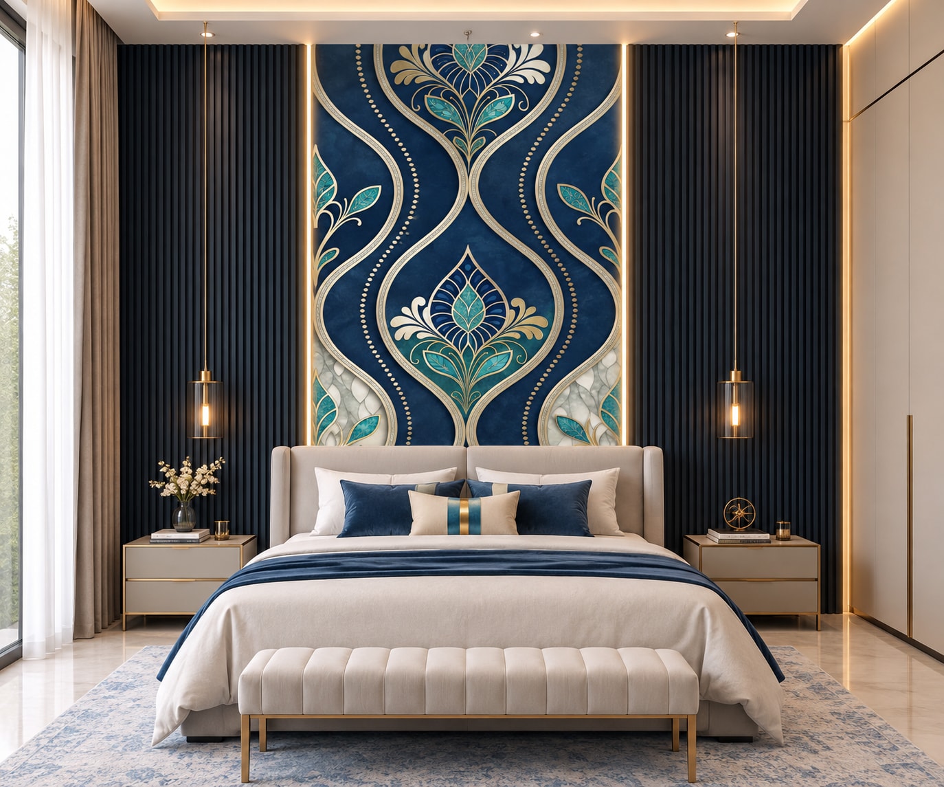 Glora Sheet GS01DD005 Ottoman indigo blue damask marble panel with turquoise enameled teardrop palmette inlays and brass ribs