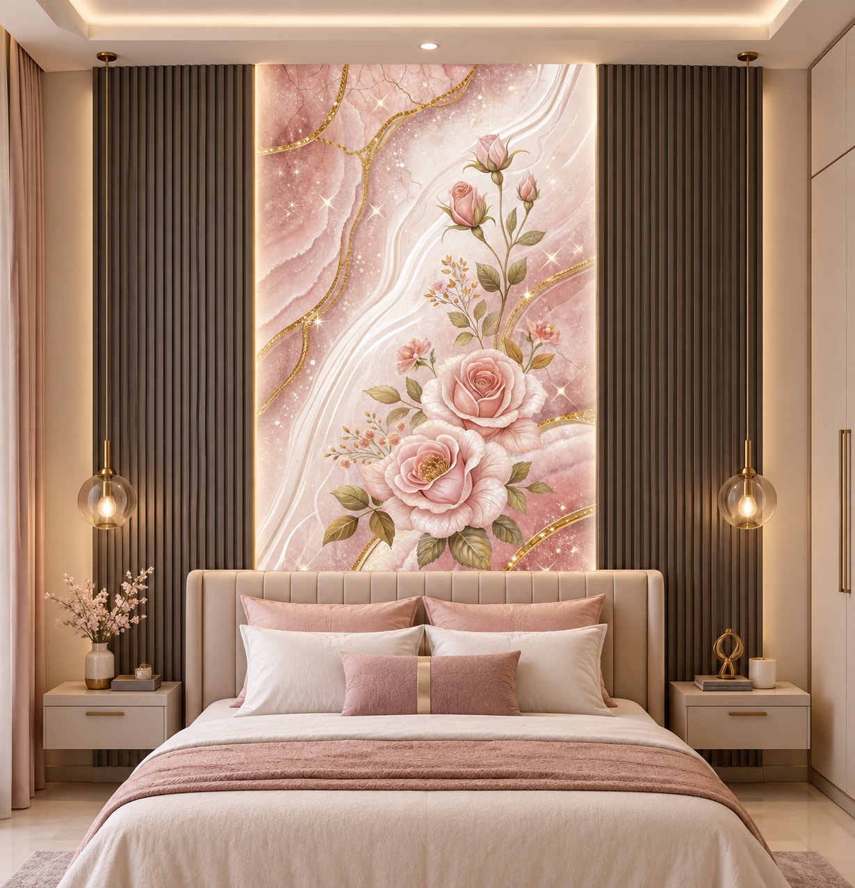 Glora Sheet GS01DD008 bouquet of pink heritage tea roses and rosebuds on fluid pink quartzite marble with gold channels