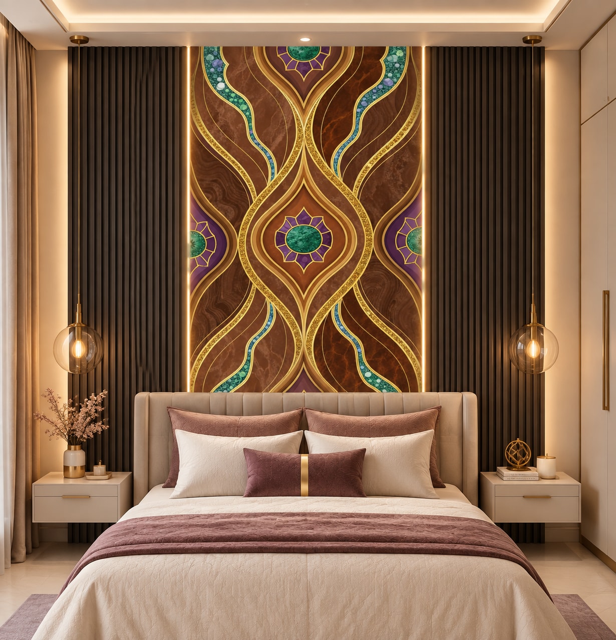 Glora Sheet GS01DD009 Persian teardrop medallion in walnut and Emperador marble with bezel-set emerald green cabochon rosette
