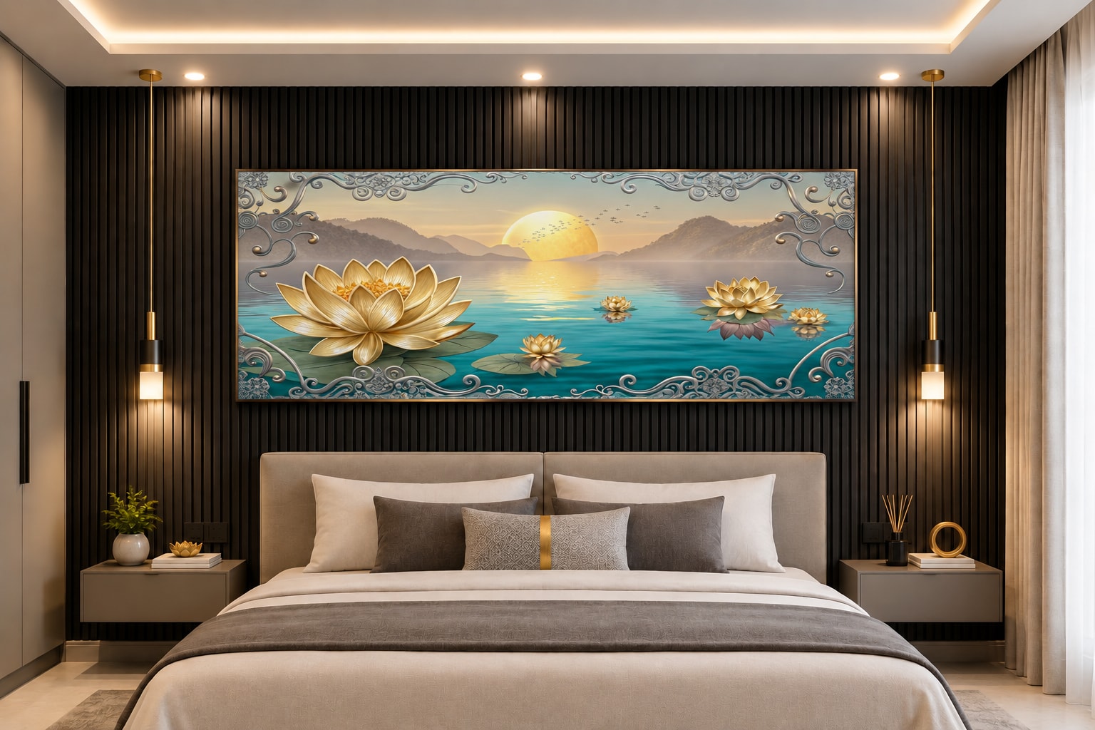 Glora Sheet GS03AA003 Golden Lotus applied on Pooja Room Feature Wall