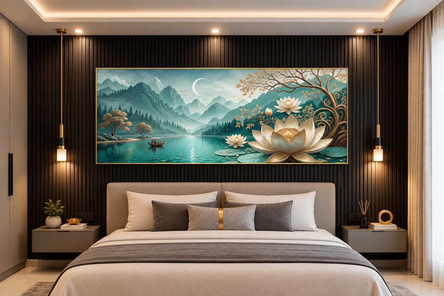 Glora Sheet GS03AA008 Zen Gold Lotus installed in Modern Pooja Meditation Room