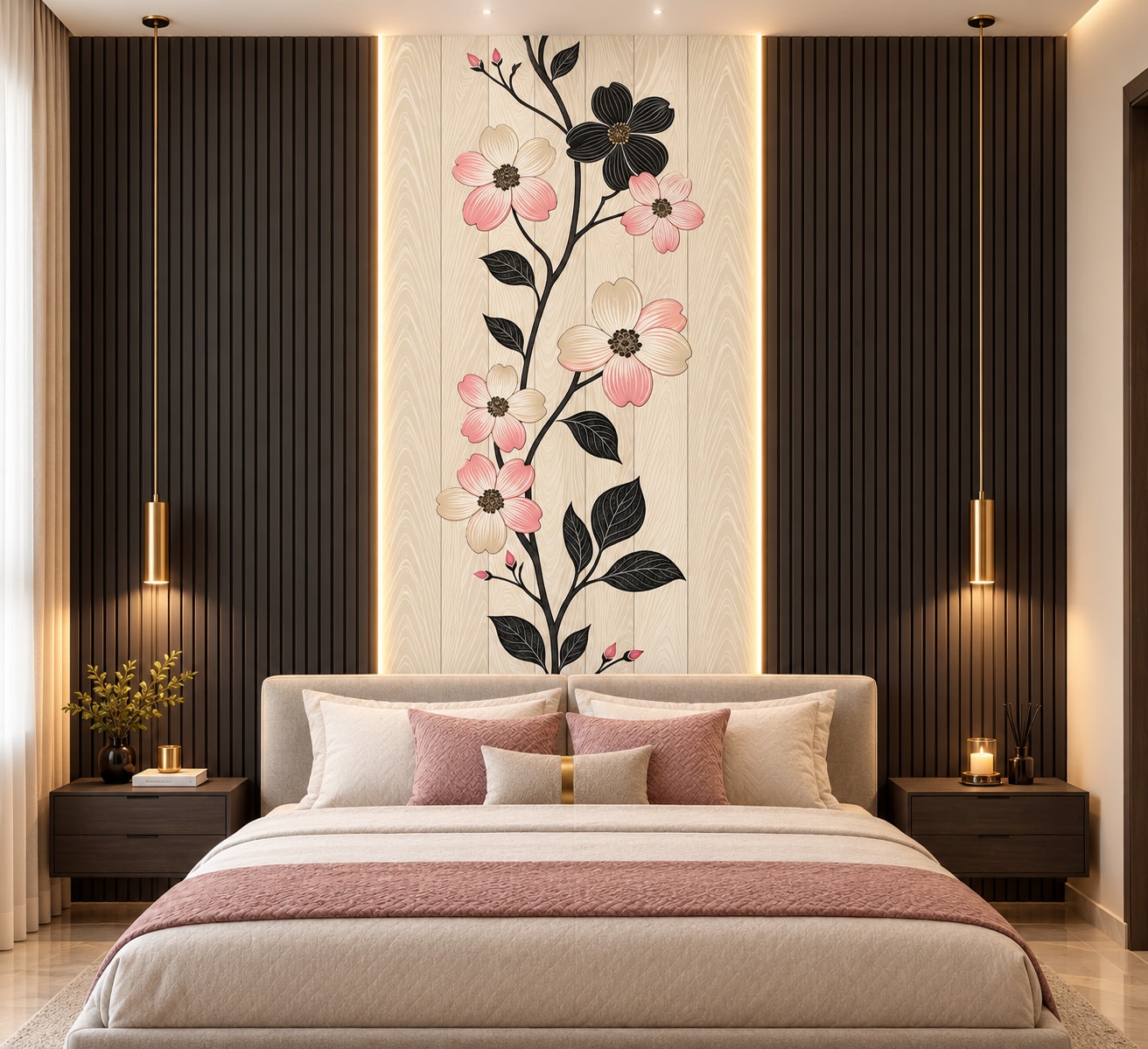 Glora Sheet GS09AA002 installed in Japandi Master Suite Bedroom Wall and Vanity Niche