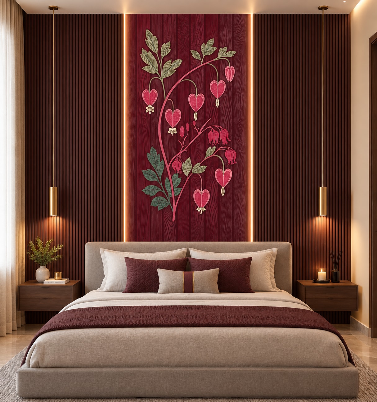 Glora Sheet GS09AA005 installed as Romantic Bedroom Bedhead Feature Wall and Boudoir Cladding