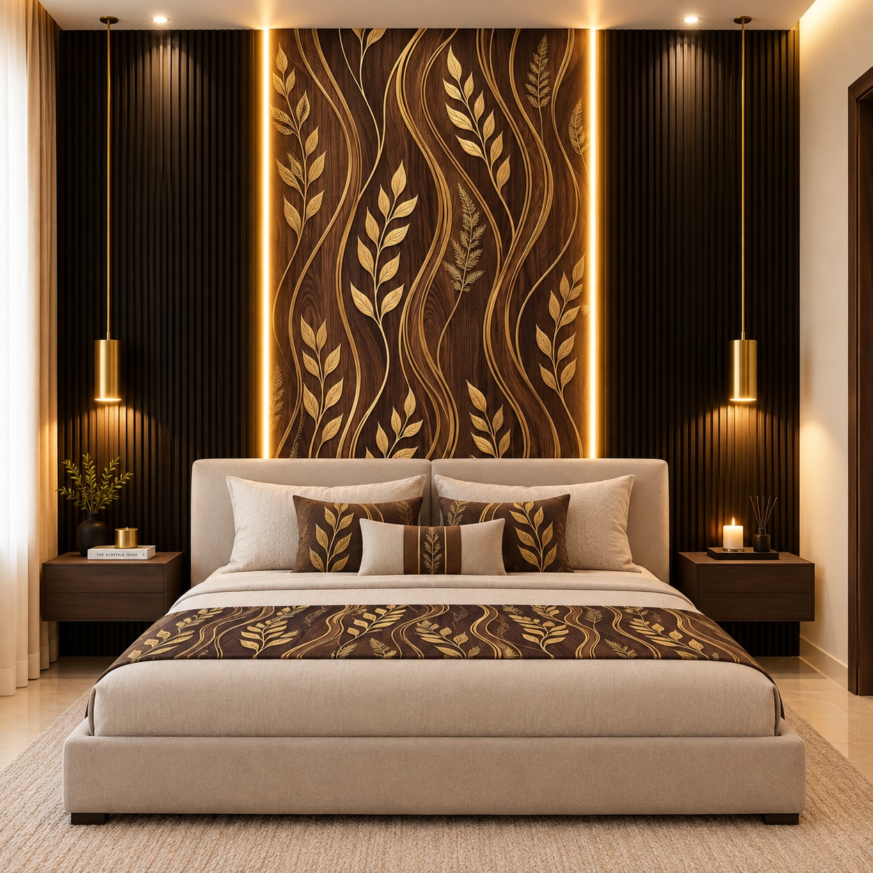 Glora Sheet GS08AA017 installed as Master Bedroom Headboard Accent Wall and Sconce Backdrop