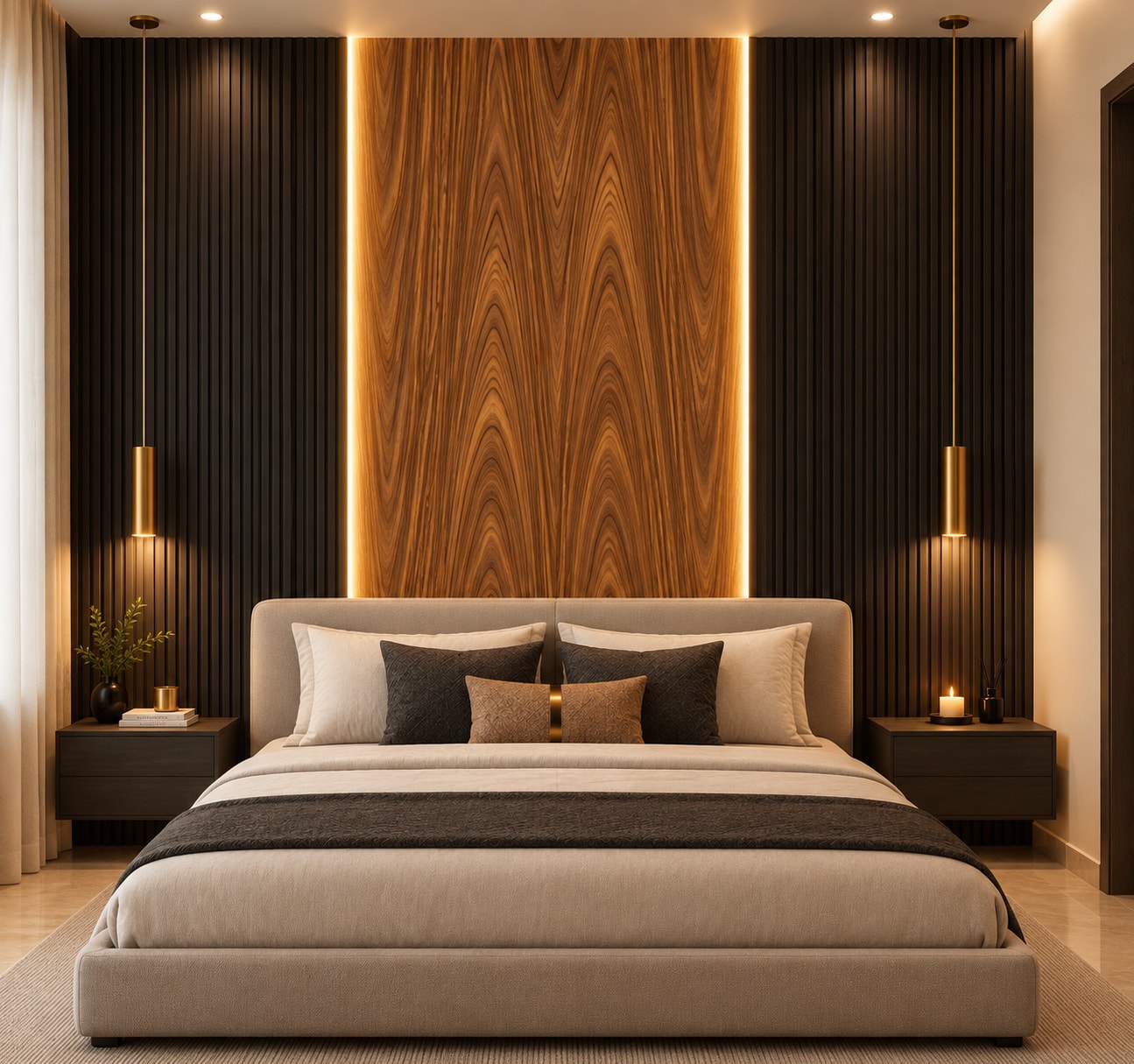 Glora Sheet GS07AA005 Cathedral Walnut installed in Floor to Ceiling Wardrobe Wall