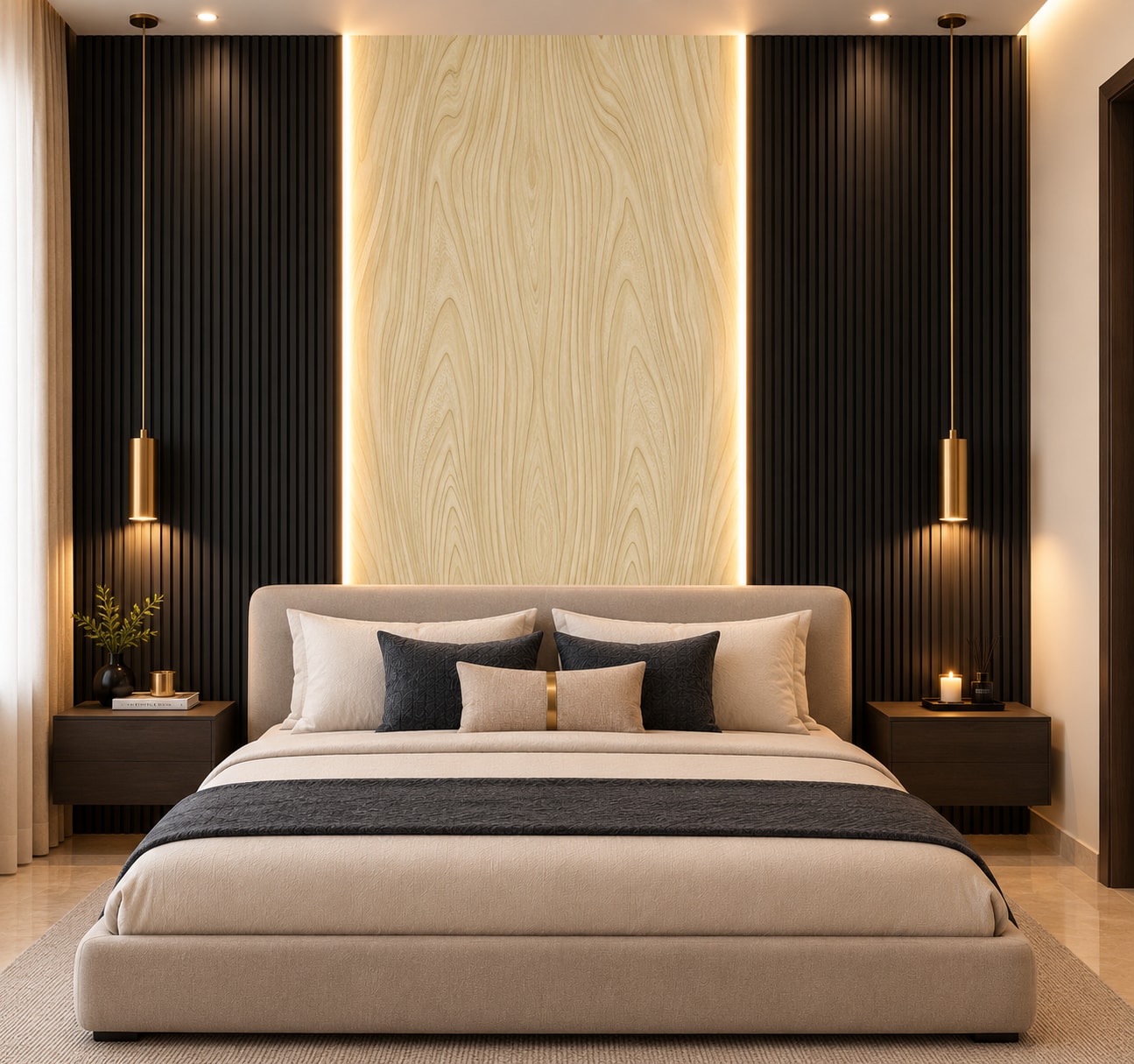 Glora Sheet GS07AA010 Bleached Ash installed in Japandi Master Suite Wall