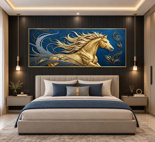 Glora Sheet GS02AA002 Golden Stallion applied in Luxury Master Bedroom Accent Wall
