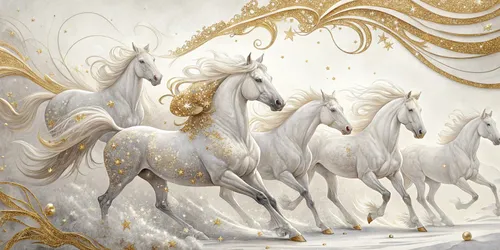 Glora Sheet GS02AA003 — Celestial White Horses with Golden Stardust Surface Texture