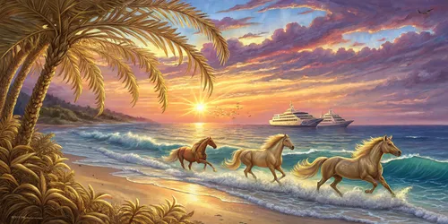 Glora Sheet GS02AA004 — Golden Coastal Horses Sunset Ocean Surface Texture