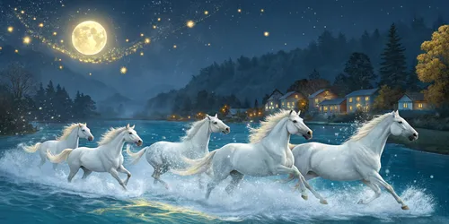 Glora Sheet GS02AA005 — Moonlit River Galloping White Steeds Surface Texture