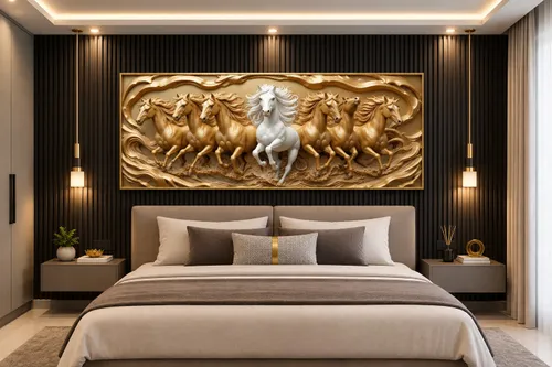 Glora Sheet GS02AA007 3D Relief 7 Running Horses installed in Luxury Living Room Accent Wall