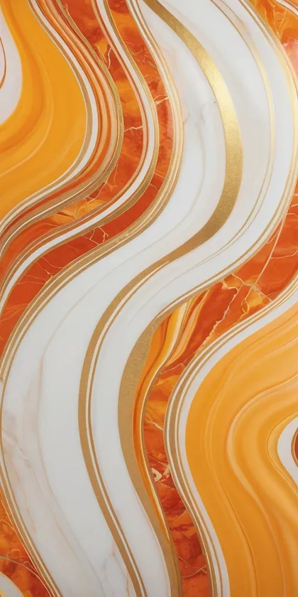 Glora Sheet GS01AA007 amber gold ribbon fluid S-curve marble panel with tangerine bands and gold foil inlays