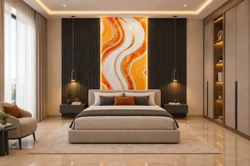 Glora Sheet GS01AA007 amber gold ribbon fluid S-curve marble panel with tangerine bands and gold foil inlays