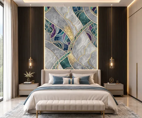 Glora Sheet GS01BB001 Art Deco grey Fior di Bosco marble panel with malachite amethyst inlays and brass ribbons
