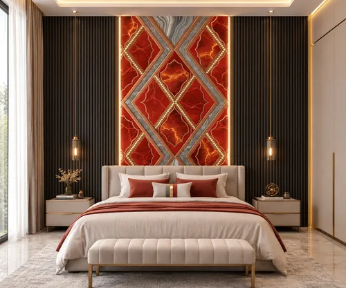 Glora Sheet GS01BB002 regal crimson ruby marble panel with gold pearl borders and Moroccan diamond trellis inlays
