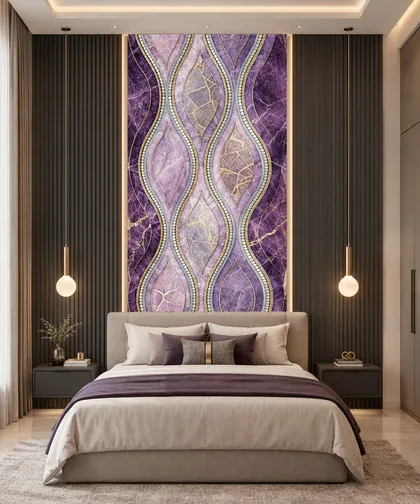 Glora Sheet GS01BB003 royal amethyst and lilac marble panel with ogee leaf cartouches and kintsugi gold crackle