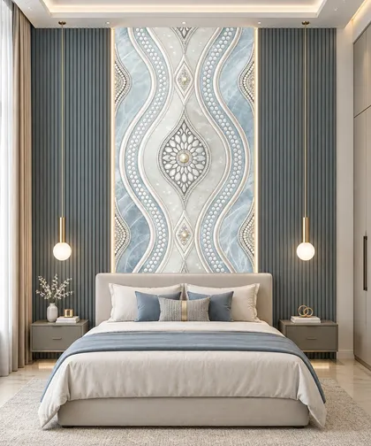 Glora Sheet GS01BB004 Rococo sky blue Carrara marble panel with embossed pearl bead strands and central rosette medallion