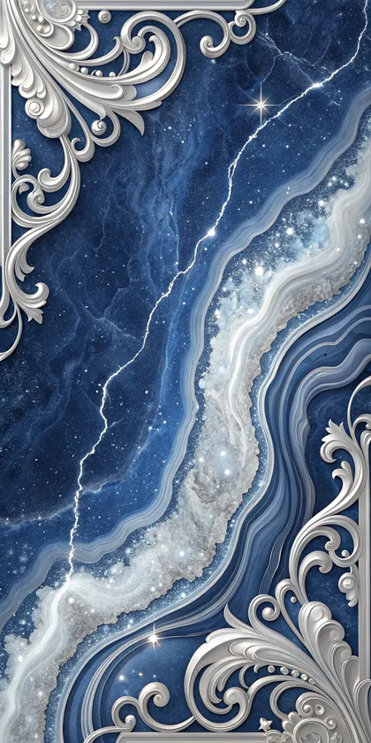 Glora Sheet GS01BB005 sapphire blue lapis lazuli marble panel with crystalline geode river and silver baroque acanthus corners