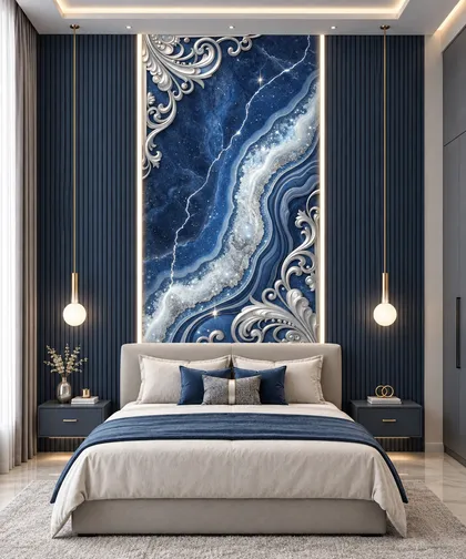 Glora Sheet GS01BB005 sapphire blue lapis lazuli marble panel with crystalline geode river and silver baroque acanthus corners
