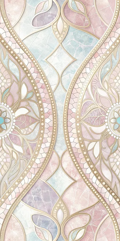 Glora Sheet GS01BB006 pastel blush pink and jade marble panel with lotus medallions, fish scale mosaic, and gold filigree