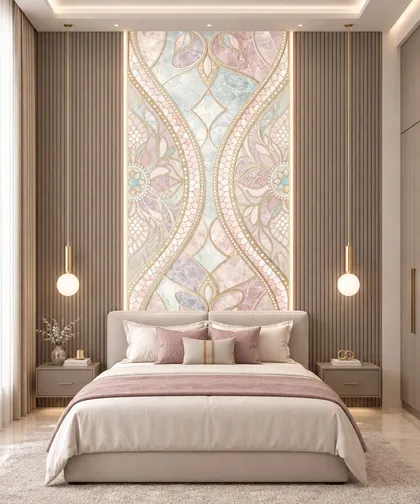 Glora Sheet GS01BB006 pastel blush pink and jade marble panel with lotus medallions, fish scale mosaic, and gold filigree