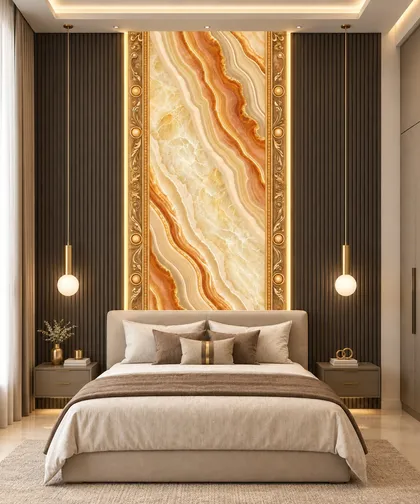 Glora Sheet GS01BB007 imperial honey onyx marble panel with ornate gilded baroque boiserie mouldings and cabochon jewels