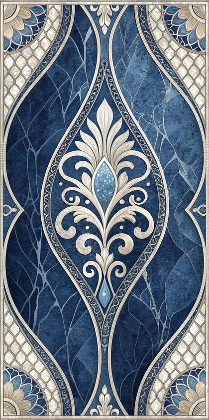 Glora Sheet GS01BB008 French cobalt blue marble panel with classical ivory fleur-de-lis palmette medallion and mosaic trellis